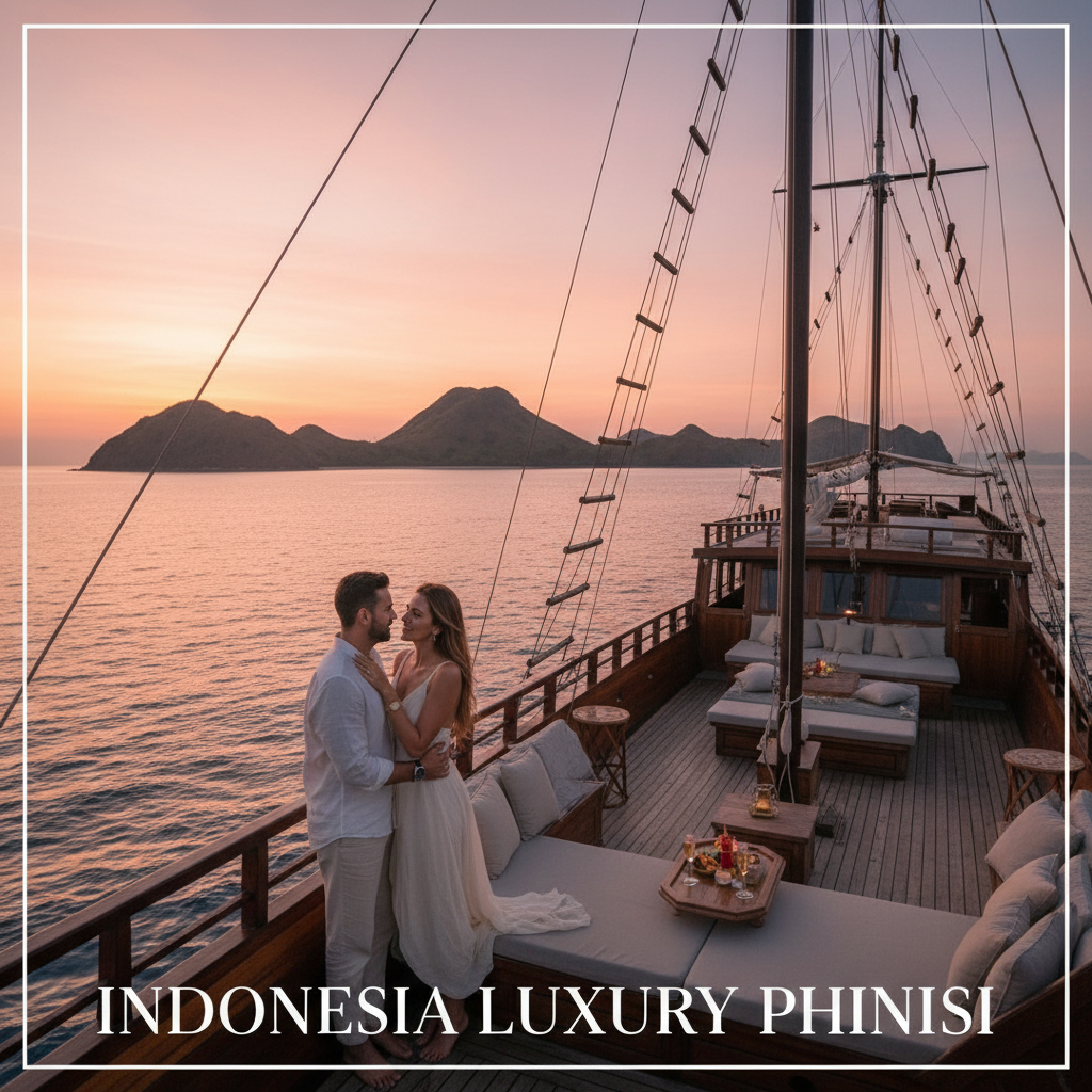 Romantic couple embracing on the deck of an indonesia luxury phinisi, sailing at sunset.