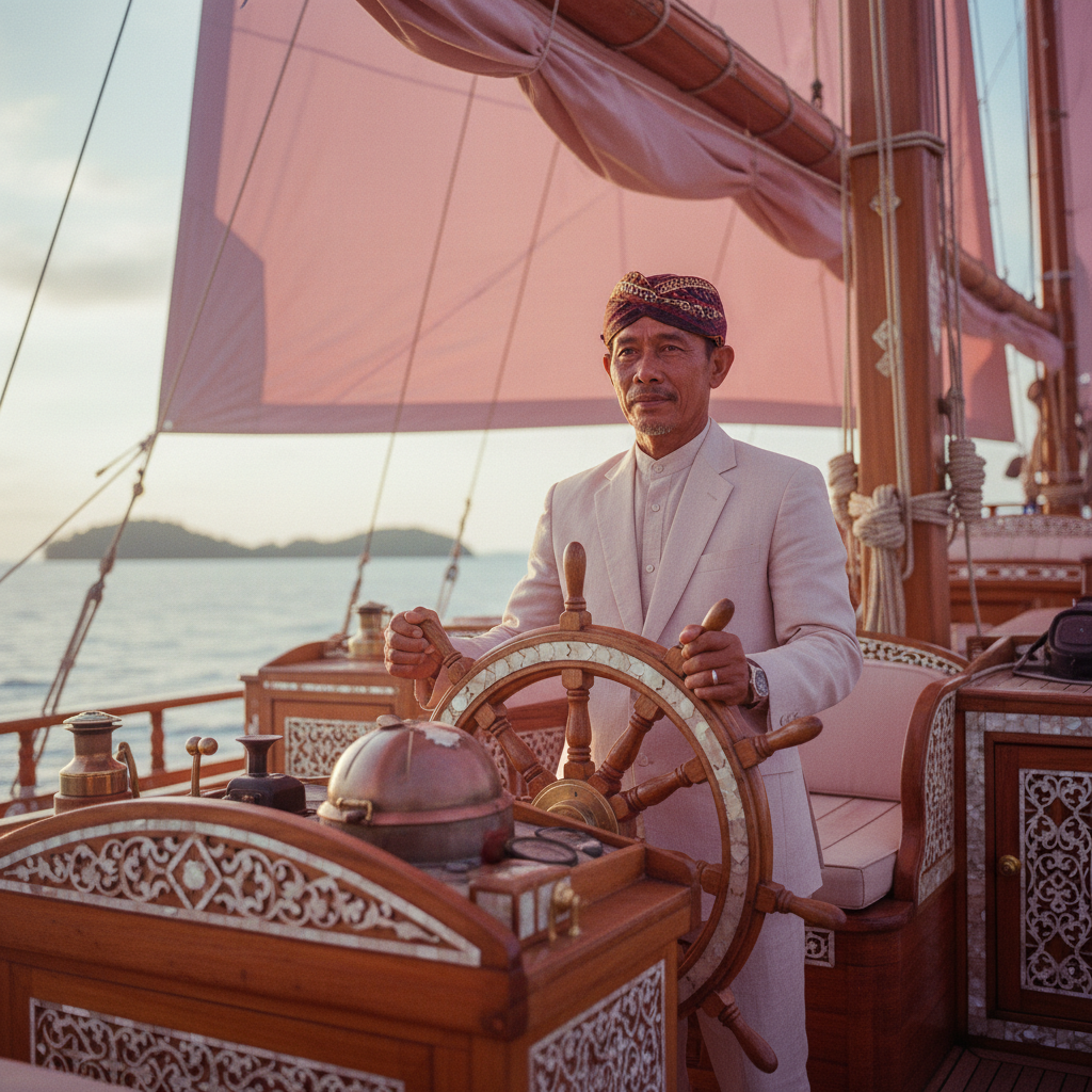 Man in suit and traditional headwear steering an ornate wheel on an indonesia luxury phinisi.