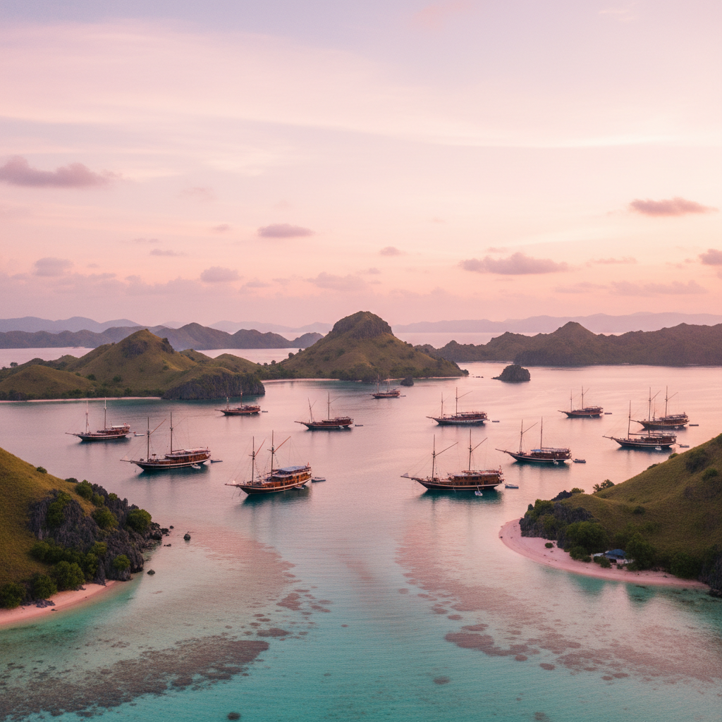 Many Indonesia luxury phinisi schooners anchored in a calm bay at sunset, surrounded by lush green islands.